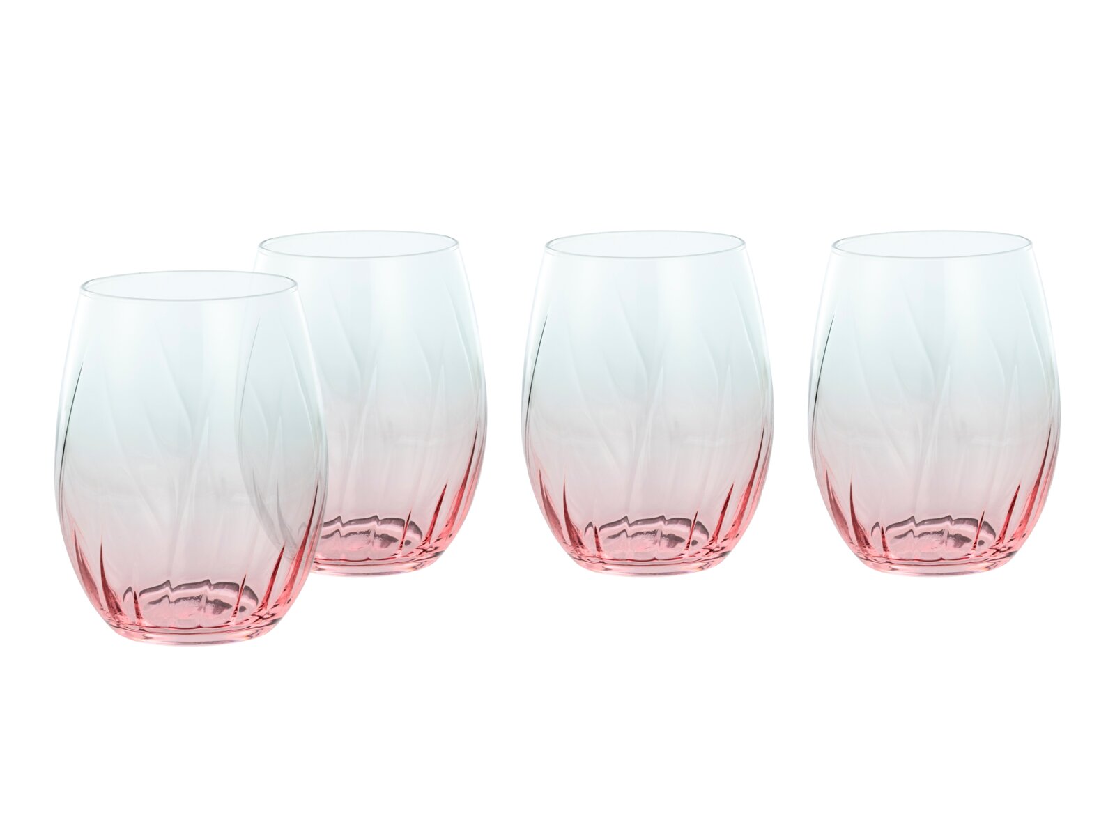 Vier bauchige, stielose Trinkgläser aus transparentem Glas mit zartem Farbverlauf von klar zu rosé und strukturierter Oberfläche, freigestellt auf weißem Hintergrund, Frontansicht.