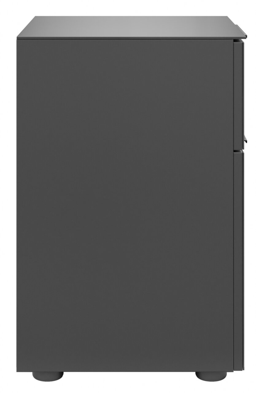 Zijaanzicht van een modern, donkergrijs nachtkastje met een glad oppervlak en een minimalistisch ontwerp.