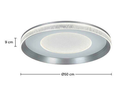 Runde LED-Deckenleuchte mit einem Durchmesser von 50 cm und einer Höhe von 9 cm, seitliche Perspektive.
