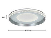 Runde LED-Deckenleuchte mit einem Durchmesser von 50 cm und einer Höhe von 9 cm, seitliche Perspektive.