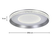 Runde LED-Deckenleuchte mit einem Durchmesser von 50 cm und einer Höhe von 9 cm, seitliche Perspektive.