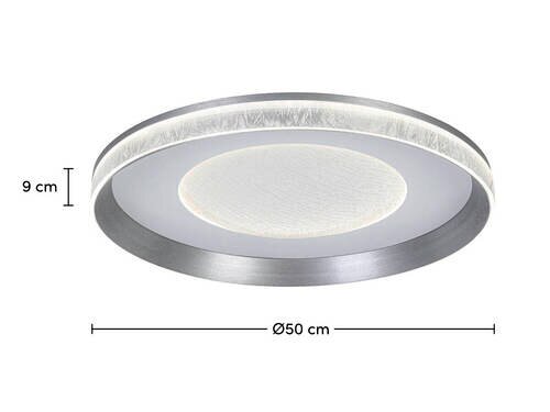 Ronde led-plafondlamp met een diameter van 50 cm en een hoogte van 9 cm, gezien vanaf de zijkant.