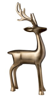 Dekorative Hirschfigur in gebürsteter Bronzeoptik mit stilisiertem Geweih, freigestellt vor weißem Hintergrund in seitlicher Perspektive