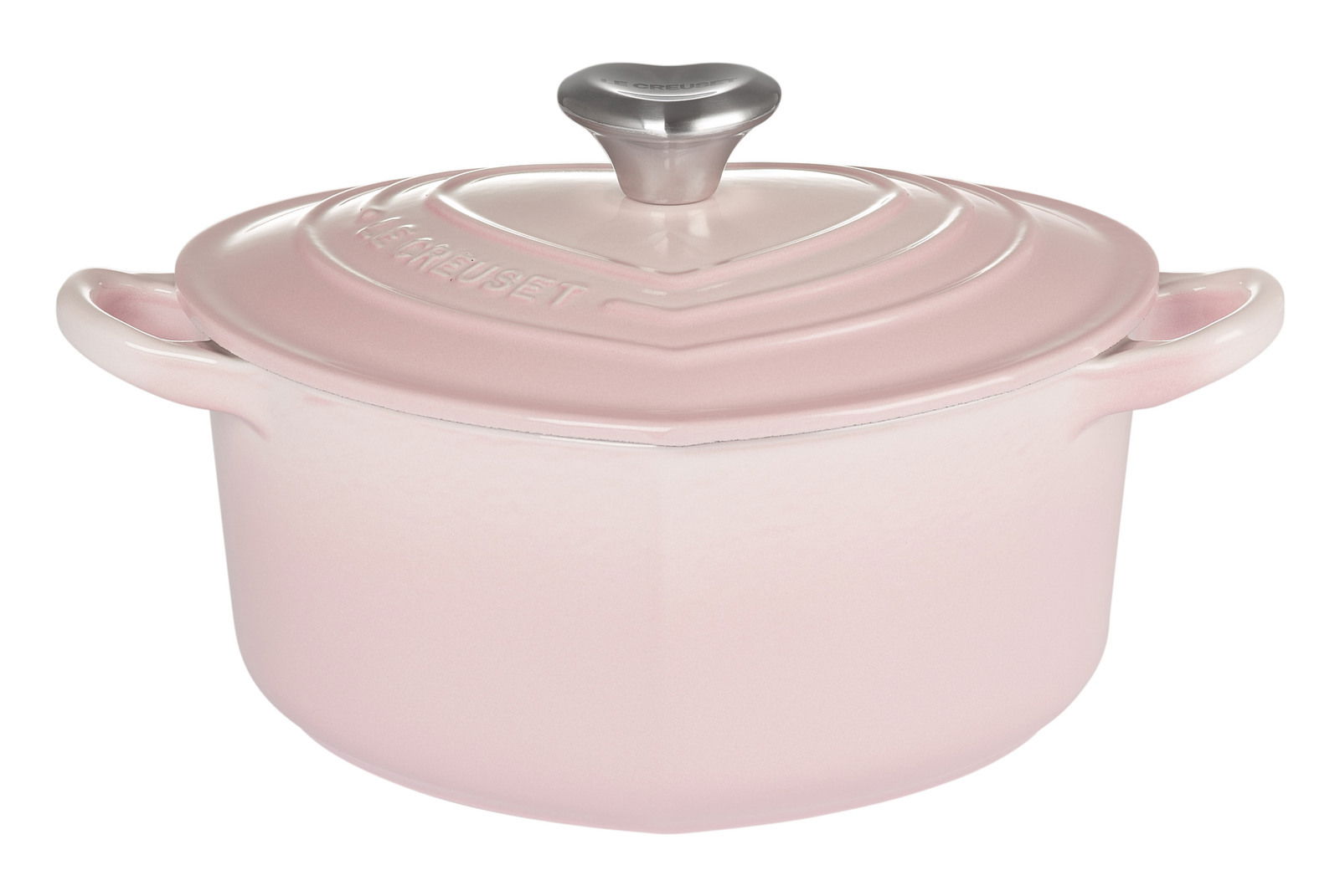 Rosa Herzbräter mit Deckel und herzförmigem Griff, seitliche Perspektive