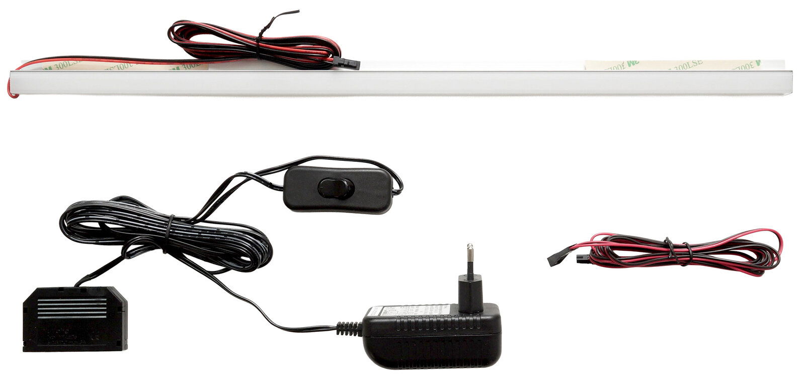 Hom´in LED-Rückwandbeleuchtung PERGOLA LED-Rückwandbeleuchtung mit Netzteil, Schalter und Kabeln, aus der Vogelperspektive fotografiert.