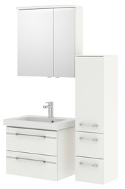 Badezimmermöbel-Set in Weiß mit Spiegelschrank, Waschbeckenunterschrank und hohem Schrank, Frontalansicht