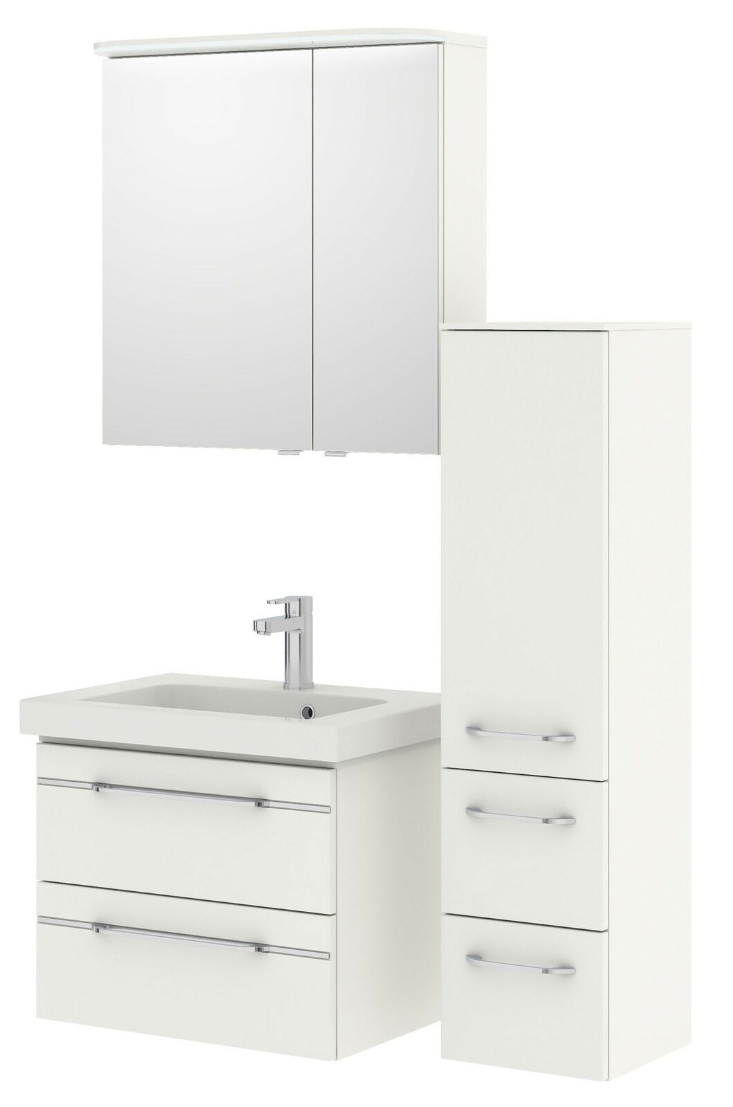 Badezimmermöbel-Set in Weiß mit Spiegelschrank, Waschbeckenunterschrank und hohem Schrank, Frontalansicht