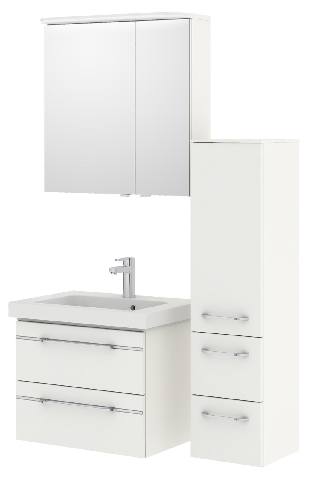 Badezimmermöbel-Set in Weiß mit Spiegelschrank, Waschbeckenunterschrank und hohem Schrank, Frontalansicht