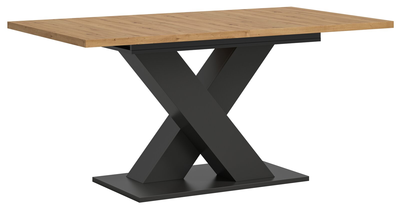 MID.YOU Esstisch MOTION Moderner Esstisch mit Holztischplatte und schwarzem X-förmigem Metallgestell, seitliche Perspektive