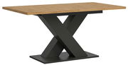 Moderner Esstisch mit Holztischplatte und schwarzem X-förmigem Metallgestell, seitliche Perspektive