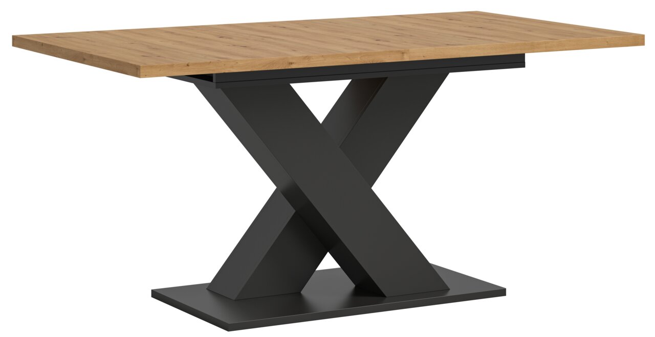 Moderner Esstisch mit Holztischplatte und schwarzem X-förmigem Metallgestell, seitliche Perspektive