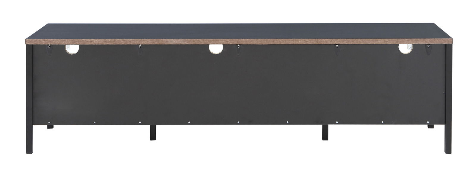 Rückansicht eines TV-Lowboards mit dunkler Rückwand und Kabeldurchführungen.