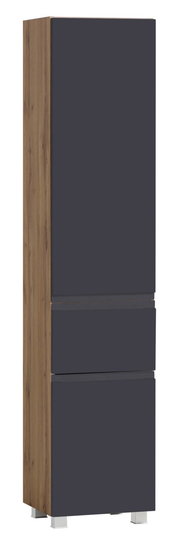 Moderner Hochschrank mit dunklen Fronten und Holzseitenansicht, perspektivisch von vorne links