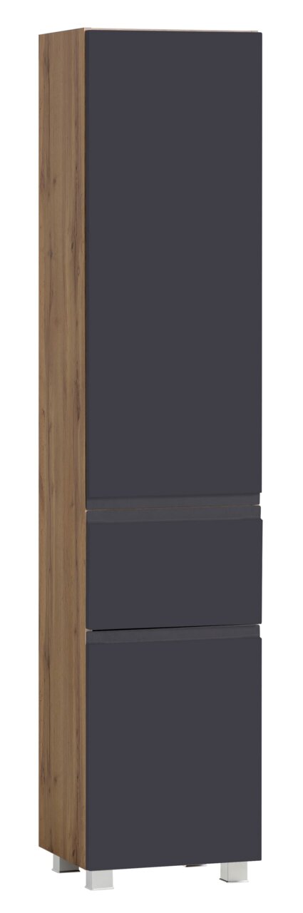 Moderner Hochschrank mit dunklen Fronten und Holzseitenansicht, perspektivisch von vorne links