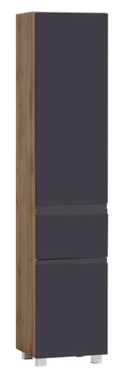 Moderner Hochschrank mit dunklen Fronten und Holzseitenansicht, perspektivisch von vorne links