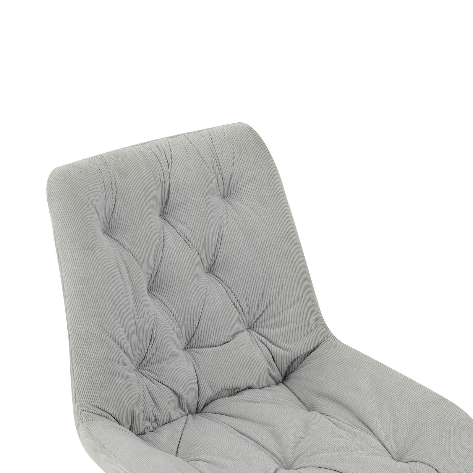 Grauer, gepolsterter Stuhl mit gestepptem Design, seitliche Perspektive