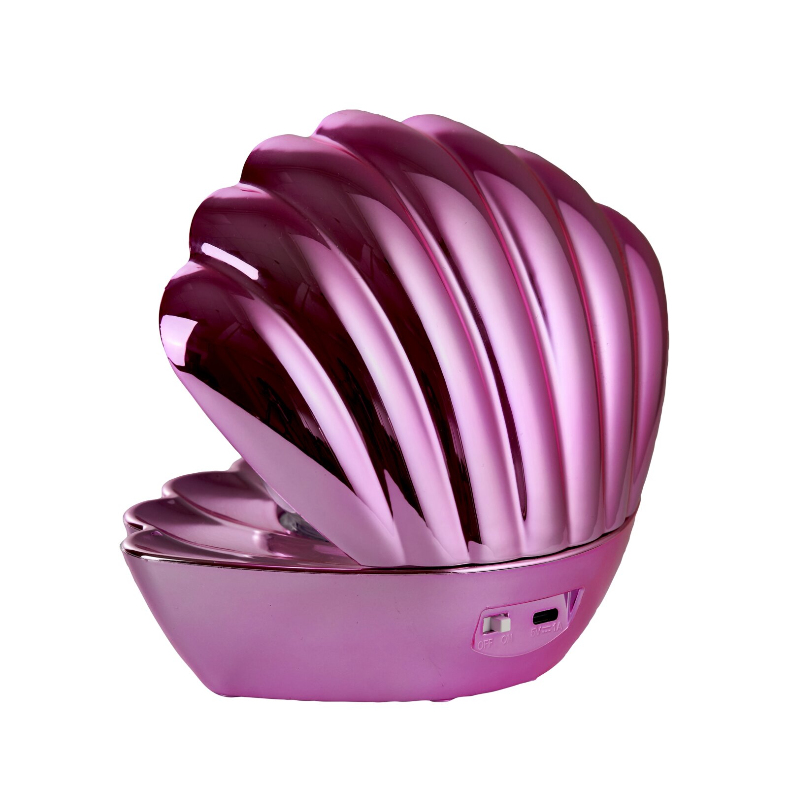 Muschelförmige LED-Tischleuchte in glänzendem Rosa, seitliche Perspektive