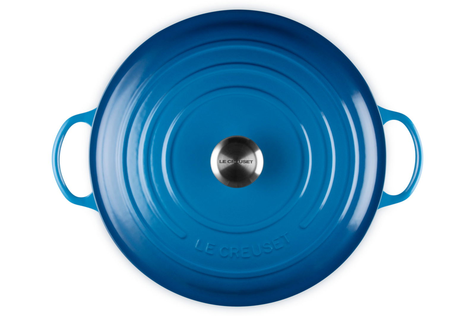 Blaue runde Gusseisen-Kasserolle mit zwei Griffen, von oben betrachtet, Marke Le Creuset.