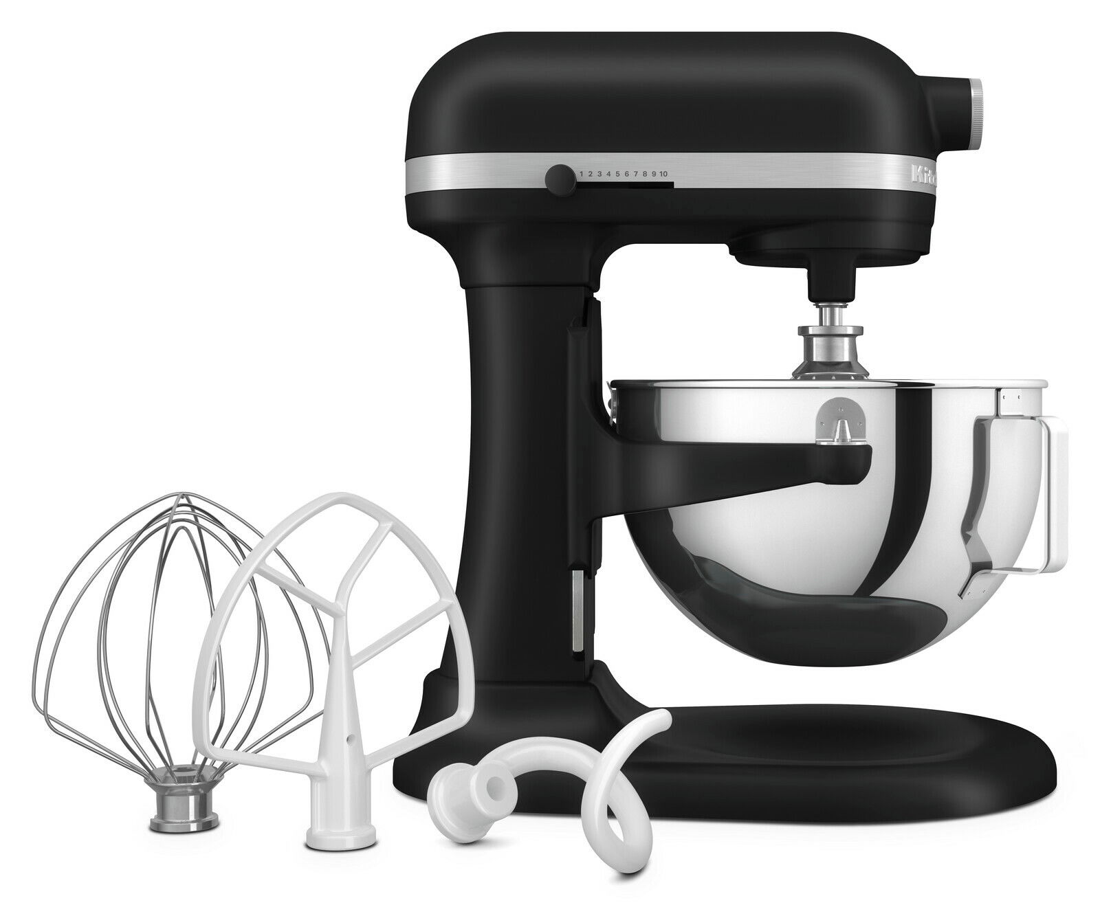 KitchenAid Küchenmaschine HEAVY DUTY 5KSM55SXXEBM Schwarze Küchenmaschine Heavy Duty 5,2L mit Rührschüssel und drei Aufsätzen, seitliche Perspektive