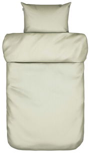 Bettwäsche-Set in Beige, bestehend aus einem Kissenbezug und einem Bettdeckenbezug, aus der Vogelperspektive fotografiert.