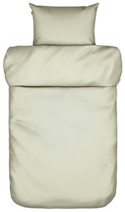 Bettwäsche-Set in Beige, bestehend aus einem Kissenbezug und einem Bettdeckenbezug, aus der Vogelperspektive fotografiert.