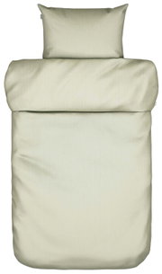 Bettwäsche-Set in Beige, bestehend aus einem Kissenbezug und einem Bettdeckenbezug, aus der Vogelperspektive fotografiert.