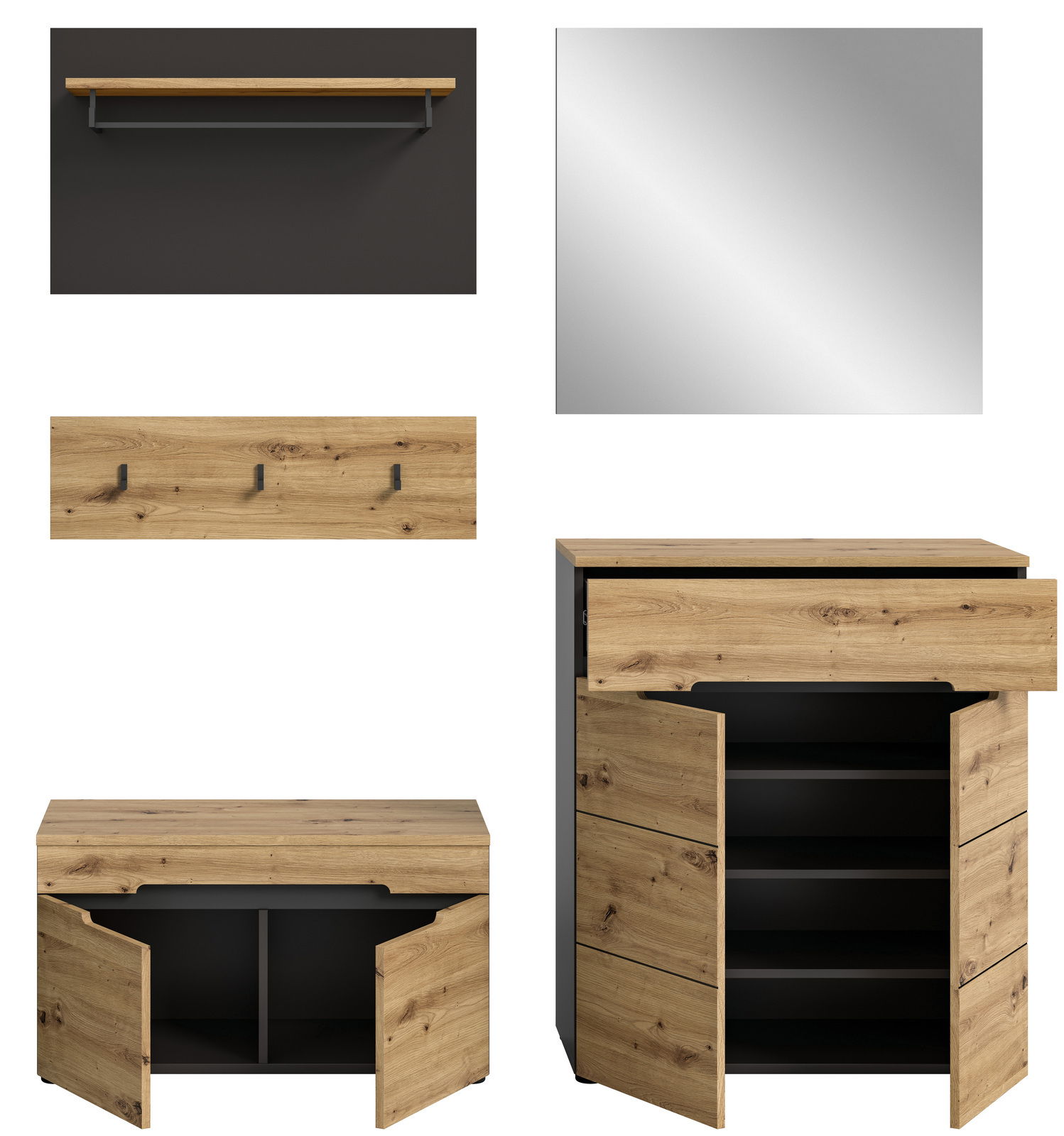 Garderobenkombination mit Holzoptik und schwarzem Akzent, bestehend aus einem Spiegel, einer Wandgarderobe mit Haken, einem Regalbrett und einem Schrank mit Schubladen und Türen. Frontalansicht.