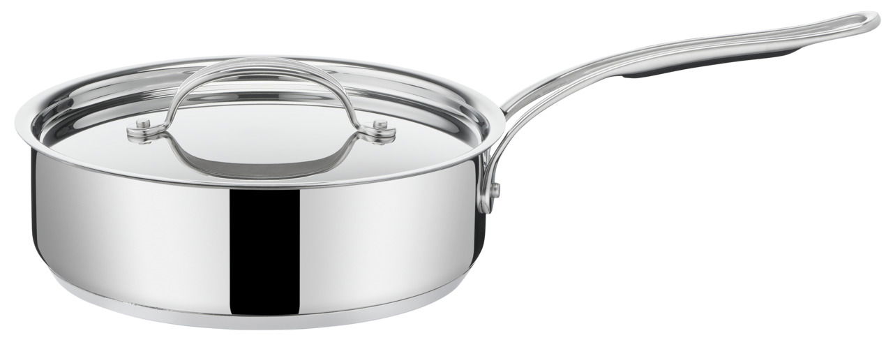 Edelstahl-Schmorpfanne mit Deckel und langem Griff, seitliche Perspektive