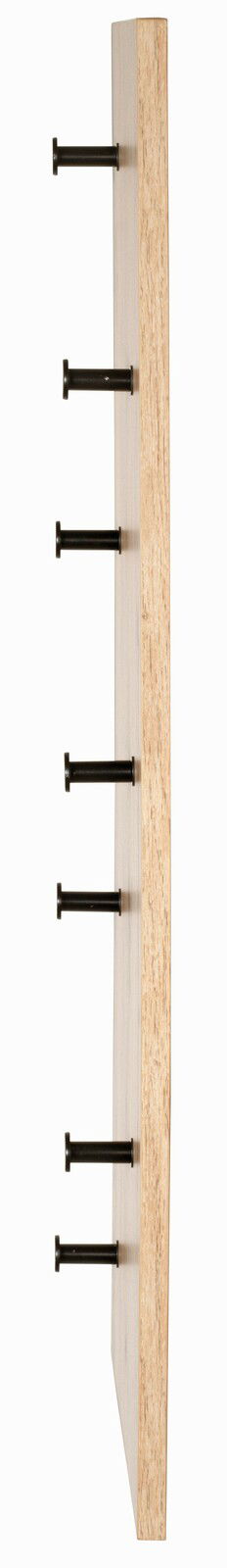 Seitenansicht einer Wandgarderobe aus Holz mit sechs schwarzen Haken.
