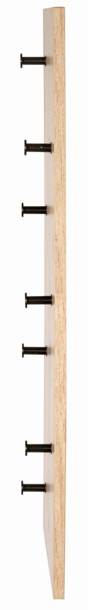 Seitenansicht einer Wandgarderobe aus Holz mit sechs schwarzen Haken.
