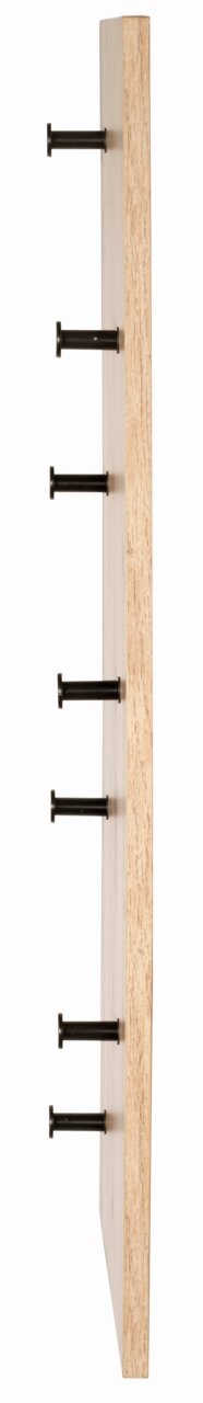 Seitenansicht einer Wandgarderobe aus Holz mit sechs schwarzen Haken.