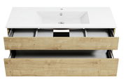 Frontale Ansicht einer Badkombination mit weißem Waschbecken und zwei offenen Holzschubladen.