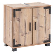 Waschbeckenunterschrank aus Holz mit Metallbeschlägen, frontale Perspektive