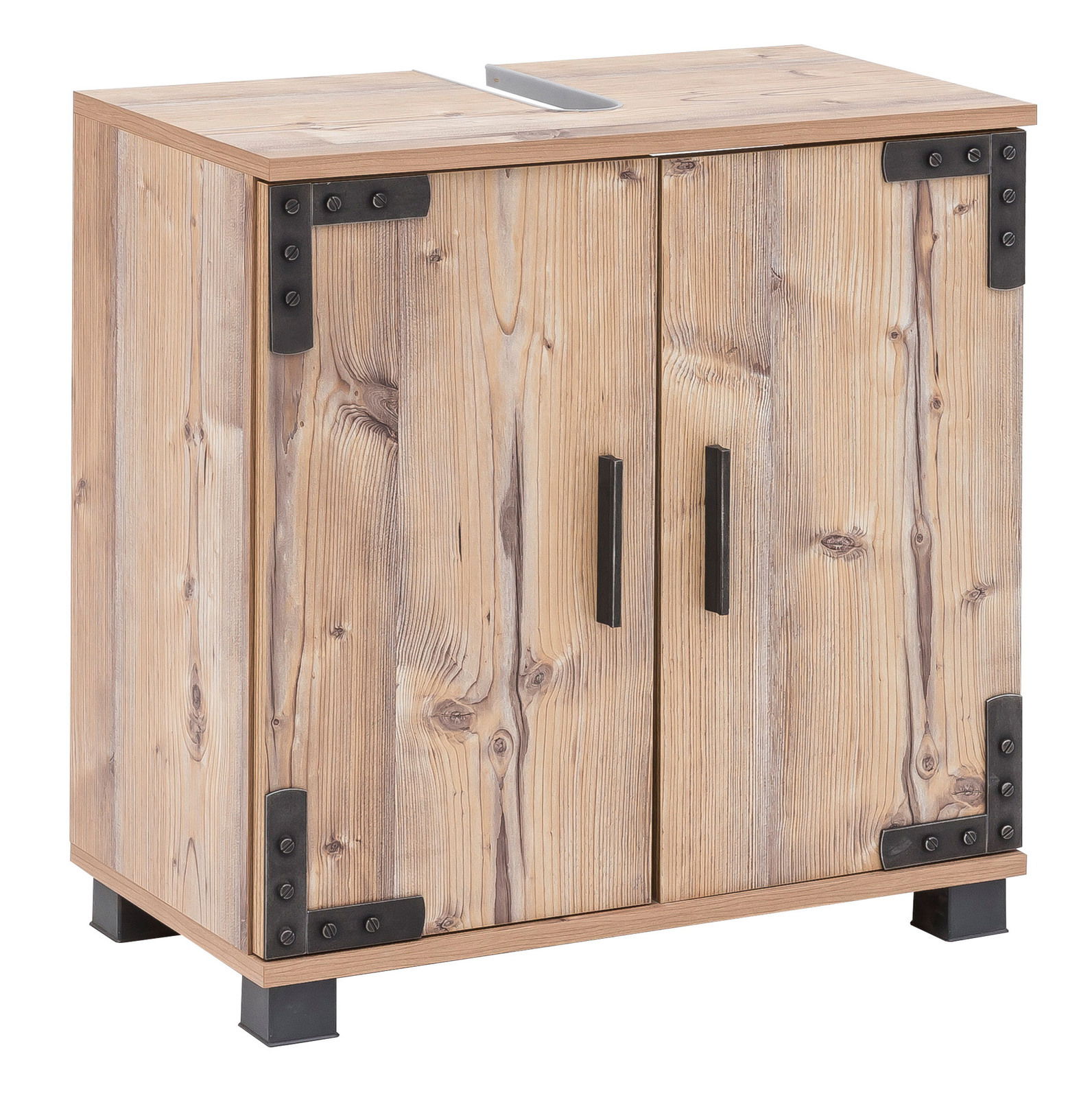 Waschbeckenunterschrank aus Holz mit Metallbeschlägen, frontale Perspektive