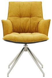 Moderner gelber Sessel mit gepolsterter Sitzfläche und Rückenlehne, auf einem stabilen Metallgestell, Frontalansicht.