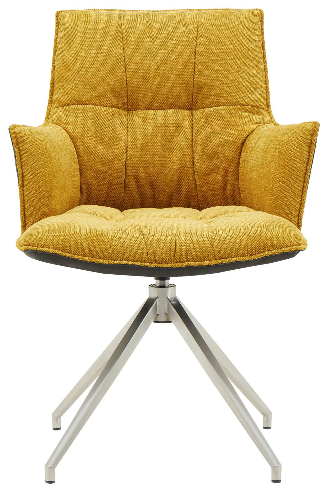 Moderner gelber Sessel mit gepolsterter Sitzfläche und Rückenlehne, auf einem stabilen Metallgestell, Frontalansicht.