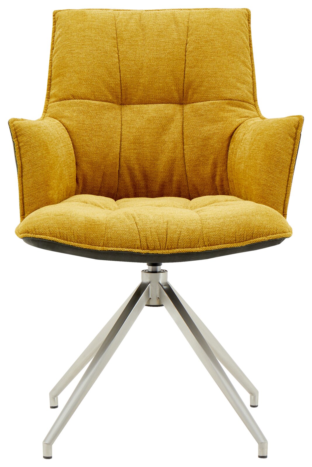 Moderner gelber Sessel mit gepolsterter Sitzfläche und Rückenlehne, auf einem stabilen Metallgestell, Frontalansicht.