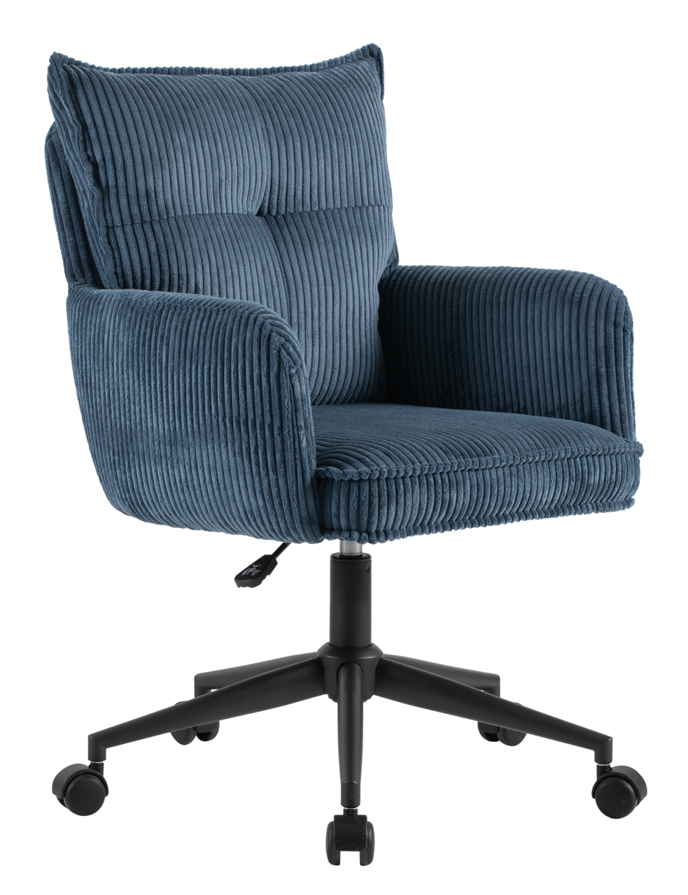 Carryhome Drehstuhl LUCIE Blauer Drehstuhl mit geripptem Stoffbezug, gepolsterter Rückenlehne und Armlehnen, auf schwarzem Rollfußgestell. Seitenansicht.