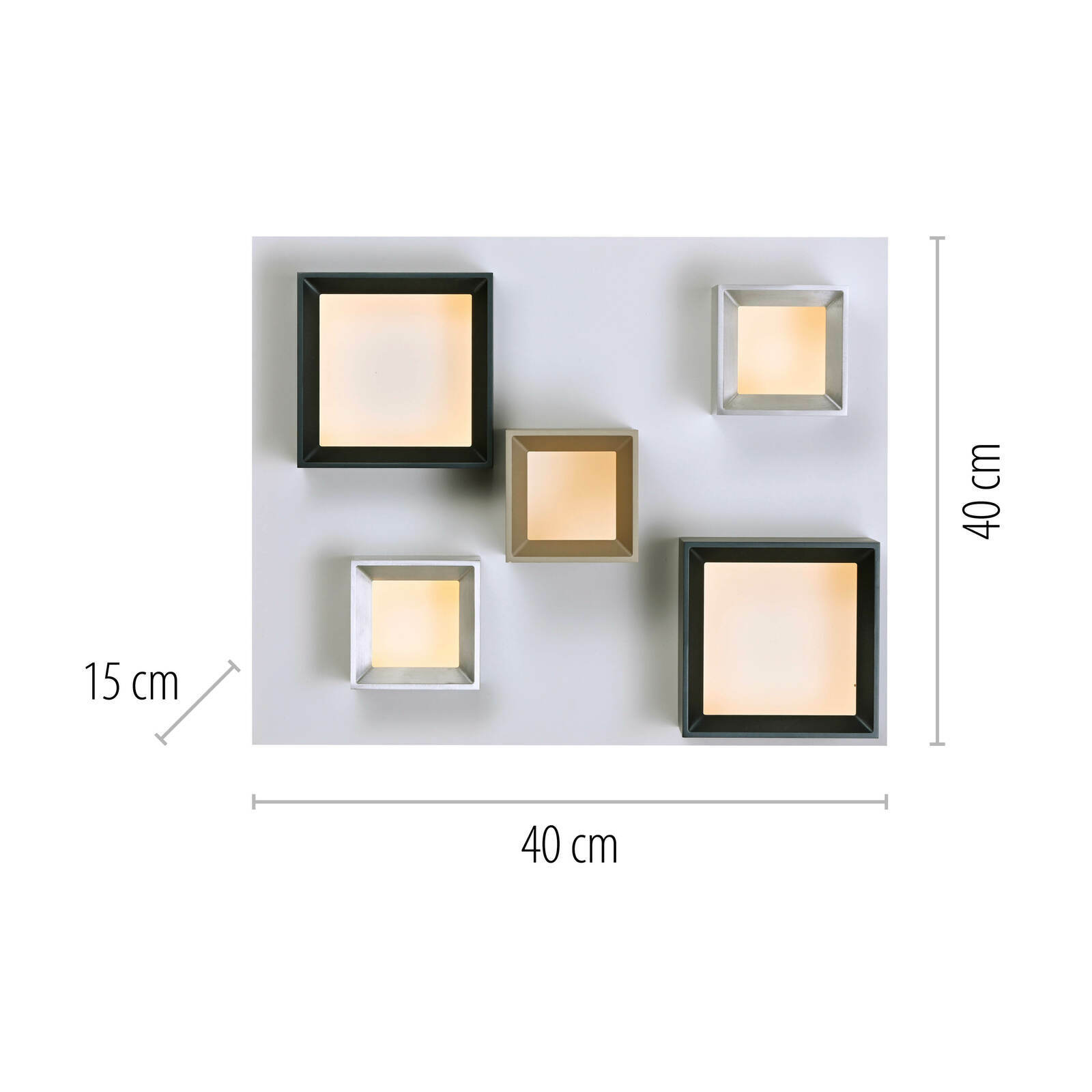 LED-Deckenleuchte mit fünf quadratischen Lichtelementen in verschiedenen Farben, Draufsicht