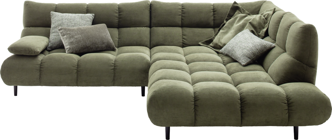 Pure Home Lifestyle Ecksofa Grüne Eckgarnitur mit Kissen, aus einer leicht erhöhten Perspektive fotografiert.