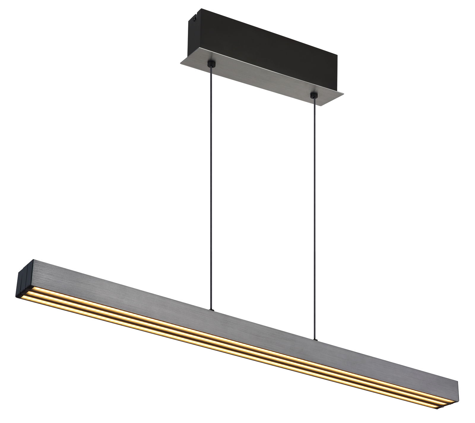 Moderne Hängeleuchte ETHAN von Globo Lighting in seitlicher Perspektive, mit rechteckigem, metallischem Design und warmweißen LED-Streifen.