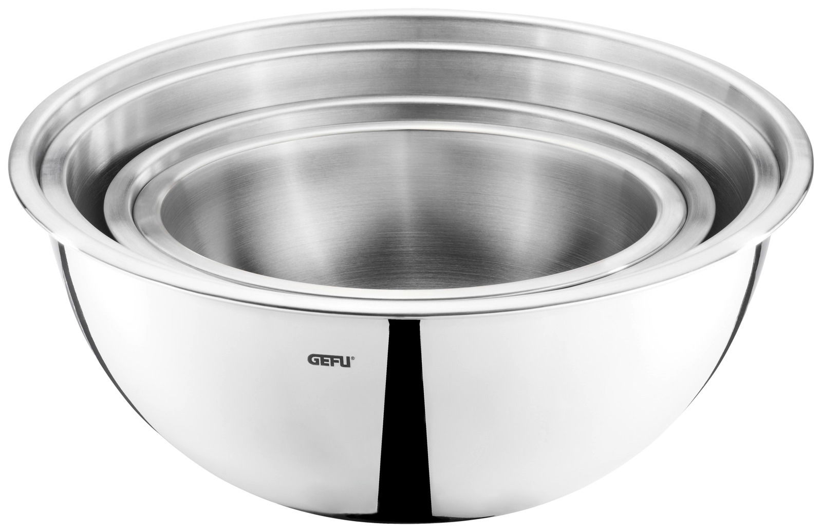 Drei ineinander gestapelte Edelstahlschüsseln aus seitlicher Perspektive