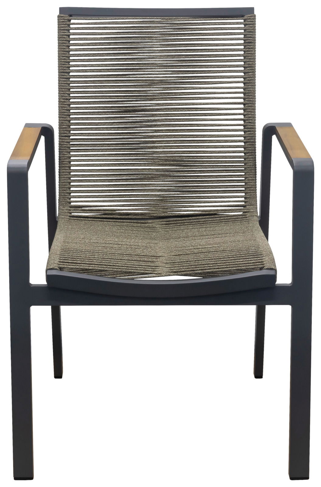 Moderner Stapelsessel mit Seilgeflecht und Armlehnen aus Holz, Frontalansicht