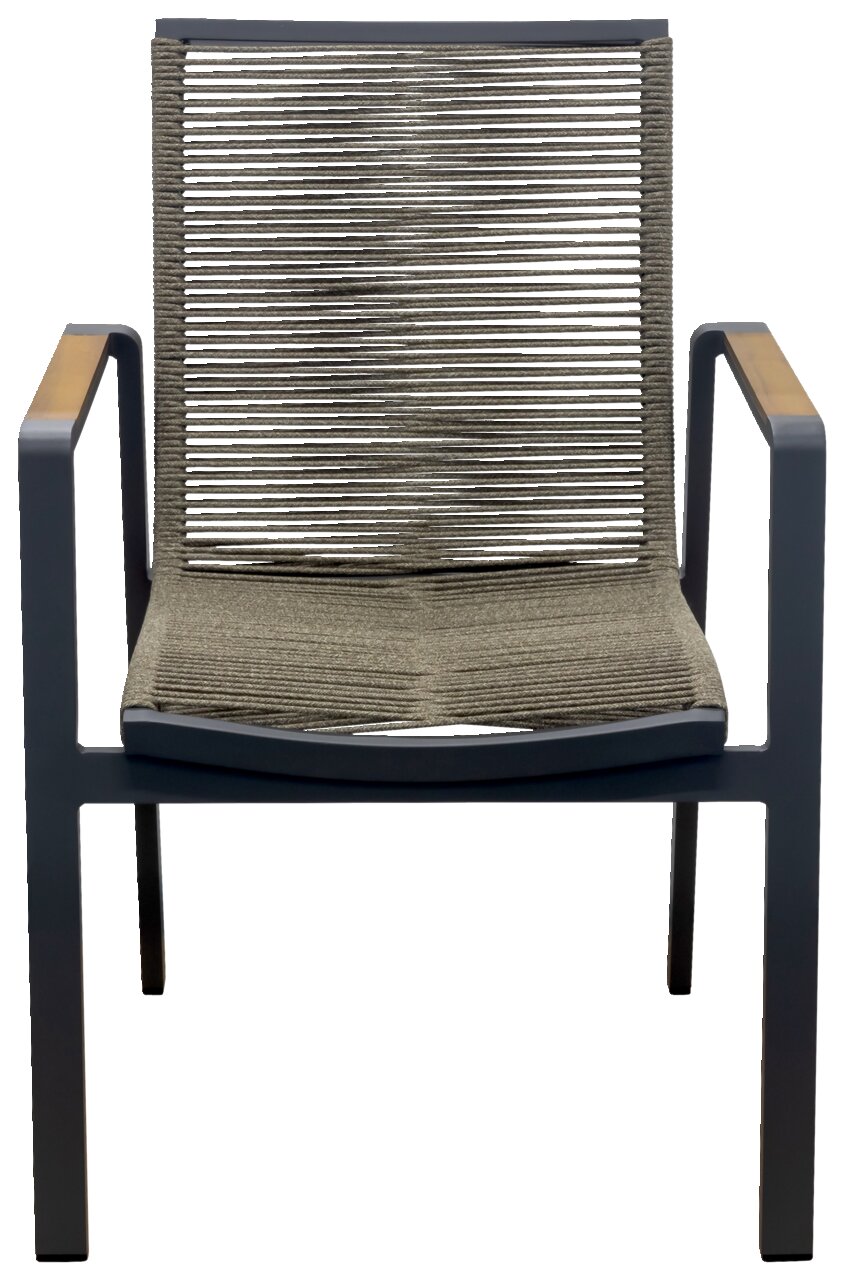 Moderner Stapelsessel mit Seilgeflecht und Armlehnen aus Holz, Frontalansicht