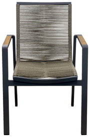 Moderner Stapelsessel mit Seilgeflecht und Armlehnen aus Holz, Frontalansicht