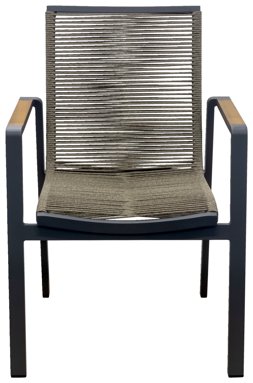 Moderner Stapelsessel mit Seilgeflecht und Armlehnen aus Holz, Frontalansicht