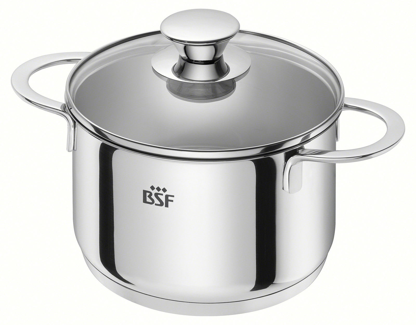 Edelstahlkochtopf mit Glasdeckel und zwei Griffen, seitliche Perspektive