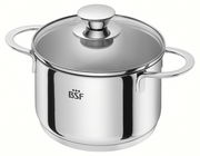 Edelstahlkochtopf mit Glasdeckel und zwei Griffen, seitliche Perspektive