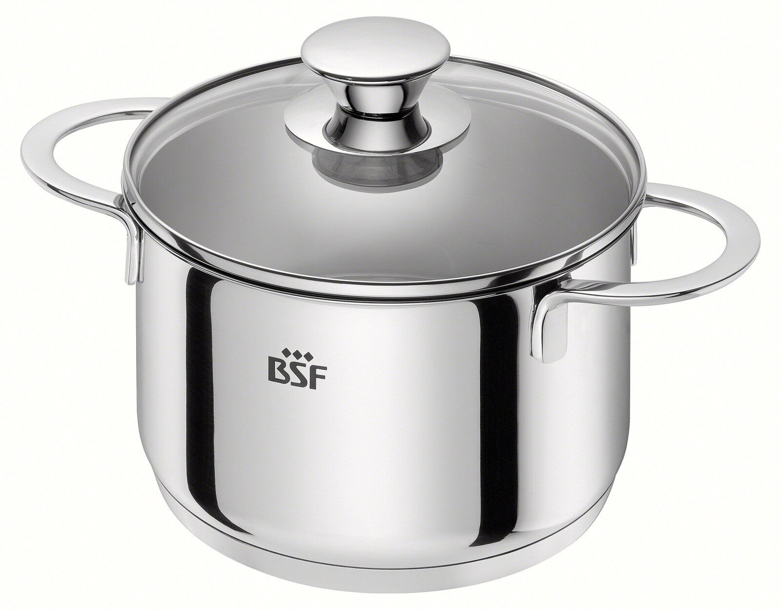 Edelstahlkochtopf mit Glasdeckel und zwei Griffen, seitliche Perspektive