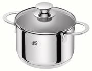 Edelstahlkochtopf mit Glasdeckel und zwei Griffen, seitliche Perspektive